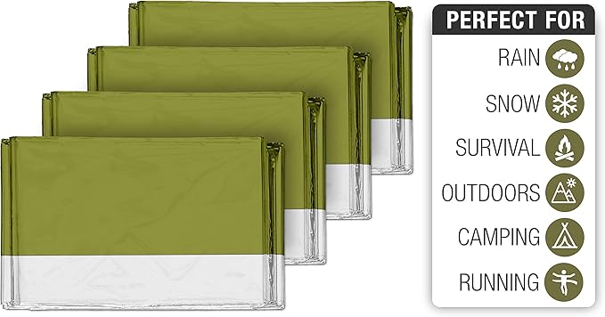 Swiss Safe 4 Pack Mylar Emergency Blankets for Survival - Compact & Insulated for Cold Weather - Designed for NASA, Outdoor, Running, Camping, Survival, First Aid Car Kit - Army Green, 4 Pack