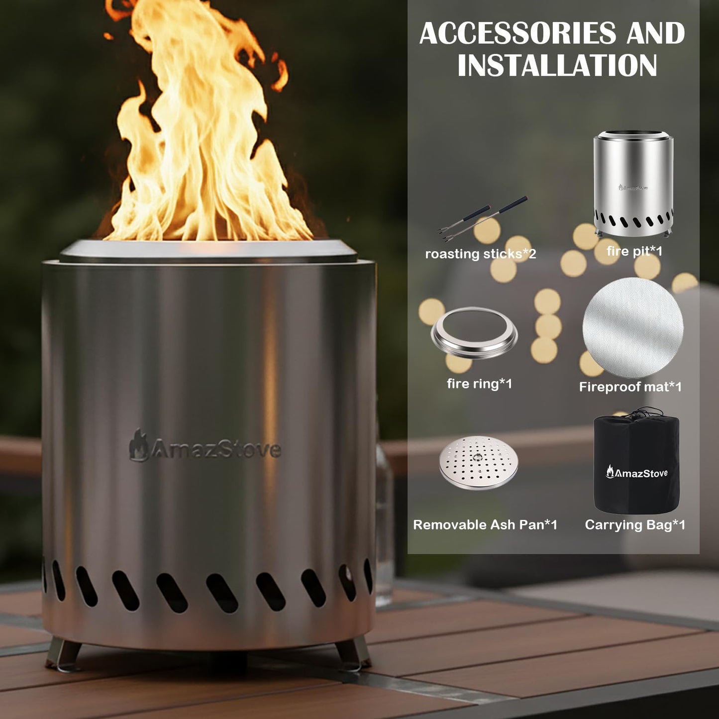 9.7 x 7.1 Inch Tabletop Fire Pit by AmazStove, Low Smoke Camping Stove for Outdoor Safe Burning