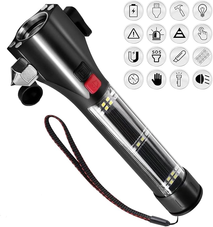 Solar Powered Car Safety Hammer Flashlight with Seatbelt Cutter, LED High Lumens, Red and Blue SOS Flashing, USB Charging, Magnetic Attraction, Portable Design