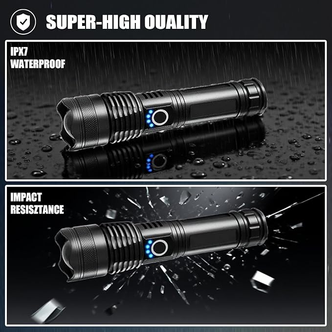 4 Pack Flashlight Rechargeable High Lumen, Super Bright Flashlight 9000000 Lumens, Adjustable Powerful Flash Light with USB Cable 5 Modes, Waterproof Handheld Flashlight for Camping, Home, Outdoor
