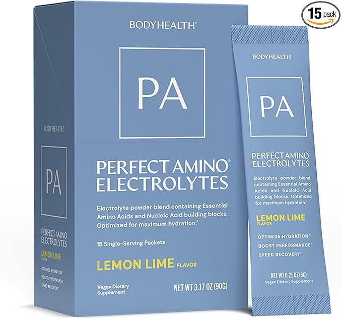 BodyHealth PerfectAmino Electrolyte Drink Mix ??Lemon Lime ??No Sugar, Keto & Fasting Friendly, Hydration with Trace Minerals ??Stick Packs