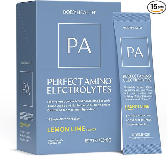 BodyHealth PerfectAmino Electrolyte Drink Mix ??Lemon Lime ??No Sugar, Keto & Fasting Friendly, Hydration with Trace Minerals ??Stick Packs