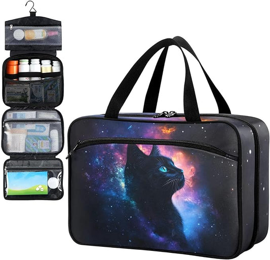 Fustylead Mysterious Black Cat in Space Pill Organizer Bag Large Medicine Travel Carrying Case with Zipper for Vitamin Supplements Fish Oil, Empty First Aid Kit for Hiking Camping
