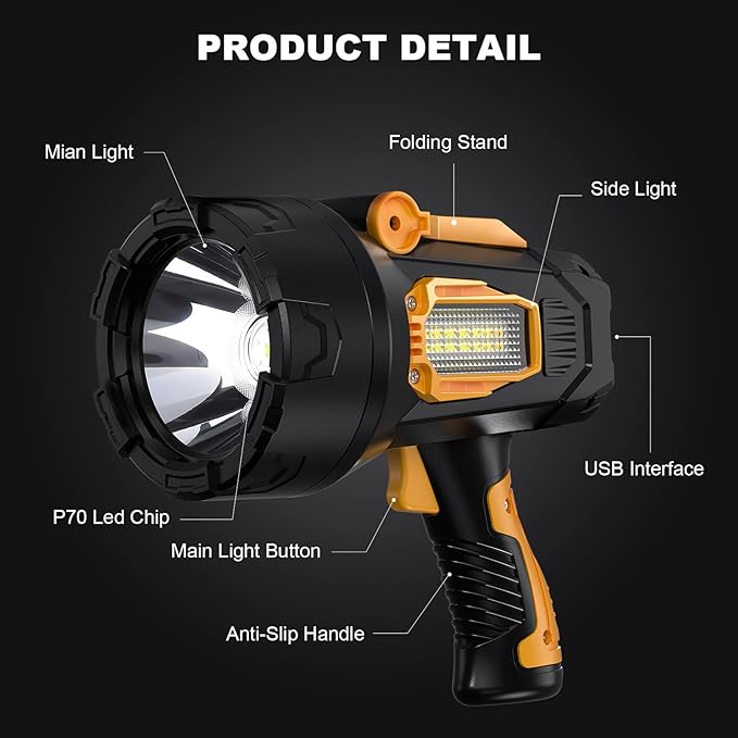 LBE Rechargeable Spotlight, Super Bright 90,000 Lumens Led Flashlight Handheld Spot Lights Outdoor with Cob Light, 10000ɱAh Long Lasting Large Spotlight for Hunting Boating Camping