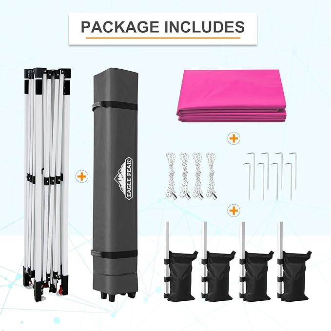 EAGLE PEAK Pop Up Canopy Tent with Wheeled Carry Bag, 8 Stakes, 4 Ropes, 4 Weight Bags, Easy Set Up Tent Canopy, 12x12 ft, 144sqft of Shade, Pink