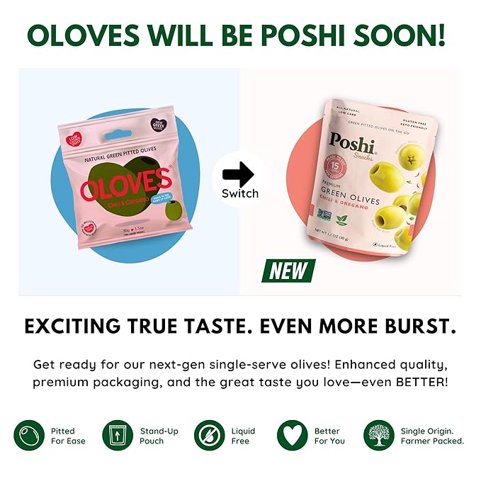POSHI Green Pitted Olives - Chili & Oregano | Vegan, Kosher, Gluten Free + Keto Friendly, Fresh, All Natural Low Calorie Healthy Snacks | (30 Pack, 1.1oz Bags)