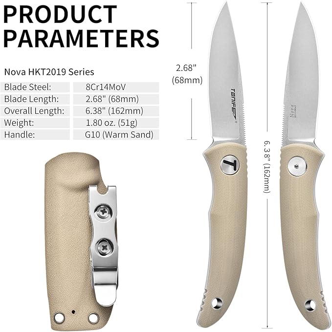 TONIFE Nova 2.68'' Blade Mini Neck Knife Full Tang Fixed Blade Knife with Kydex Sheath and Adjustable Paracord Lanyard for Camping Outdoor Survival Tool (Warmer Sand+Stonewash)