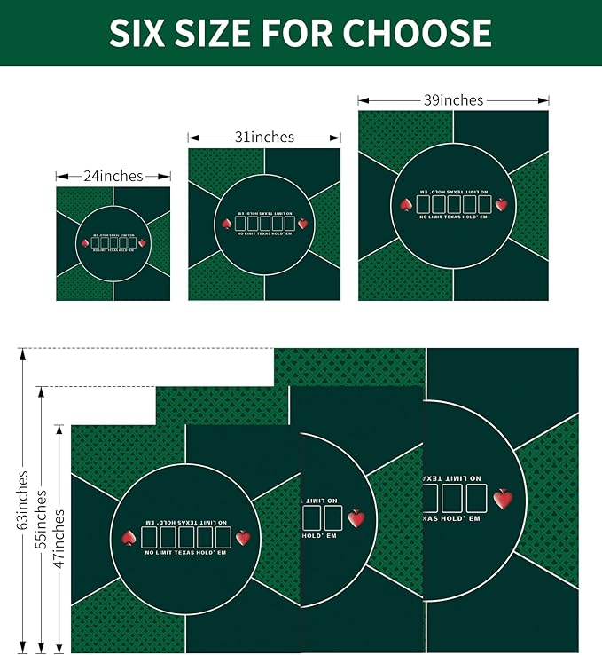 nuveti 24/31/39/47/55/63 inch Square Foldable 6-Player Texas Poker Card Tabletop Layout Portable Anti-Slip Rubber Board Game Mat Texas Hold'em Poker Mat for Family Game, Casino, Party