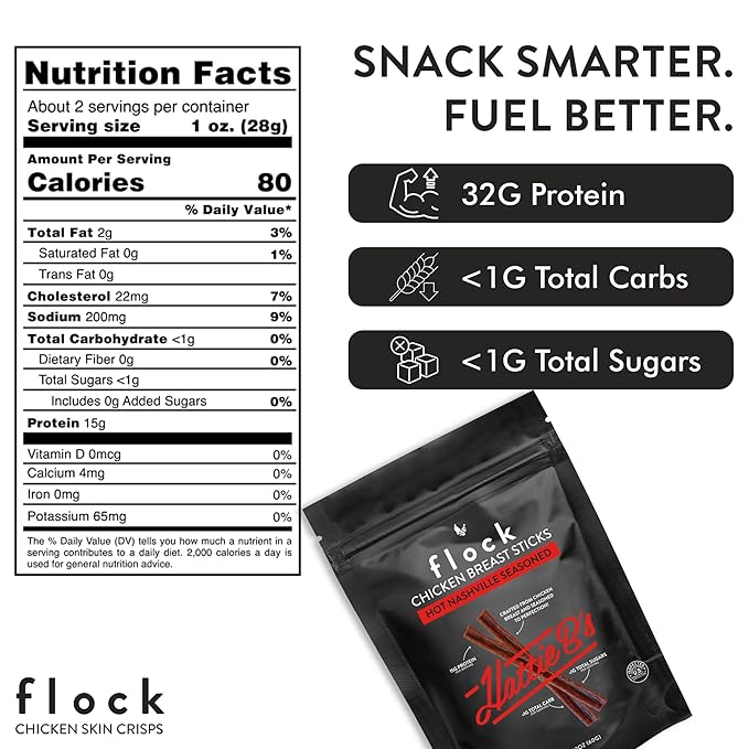 Flock Air Dried Chicken Breast Meat Sticks, High Protein Chicken Jerky Snacks, Healthy Chicken Snack Sticks for People, Hattie B's Hot Nashville Flavor, 32g Protein per Bag, 2.12 oz, 4 Pack
