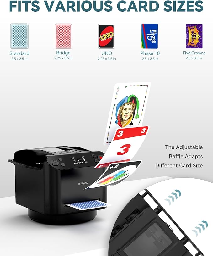 Automatic Card Shuffler and Dealer - 1-2 Decks Support 12 Players, 4 Drawing Remotes, Built-in Gameplays, 360°/180° Deal, for Poker, UNO, Phase 10, Skip-Bo, Rummy (Black)