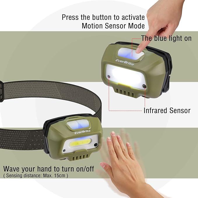EverBrite Rechargeable Headlamp, LED Bright Motion Sensor Head Lamp Flashlight with 6 Modes, Adjustable Headlight for Adults with White Red Light, Water Resistant, Green, for Hiking, Running, Camping