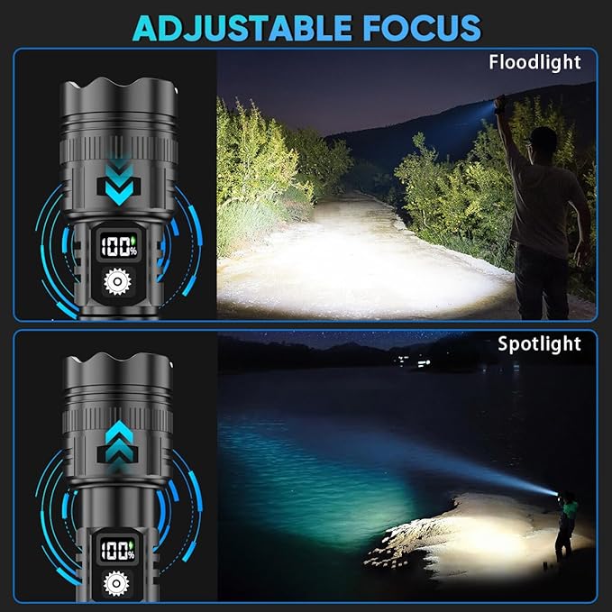 Flashlights High Lumens LED Rechargeable, 2000LM Poweful Tactical Flashlights, Super Bright Flash Light Waterproof with 5 Modes & LCD Display, COB Work Light for Camping Hiking Emergencies