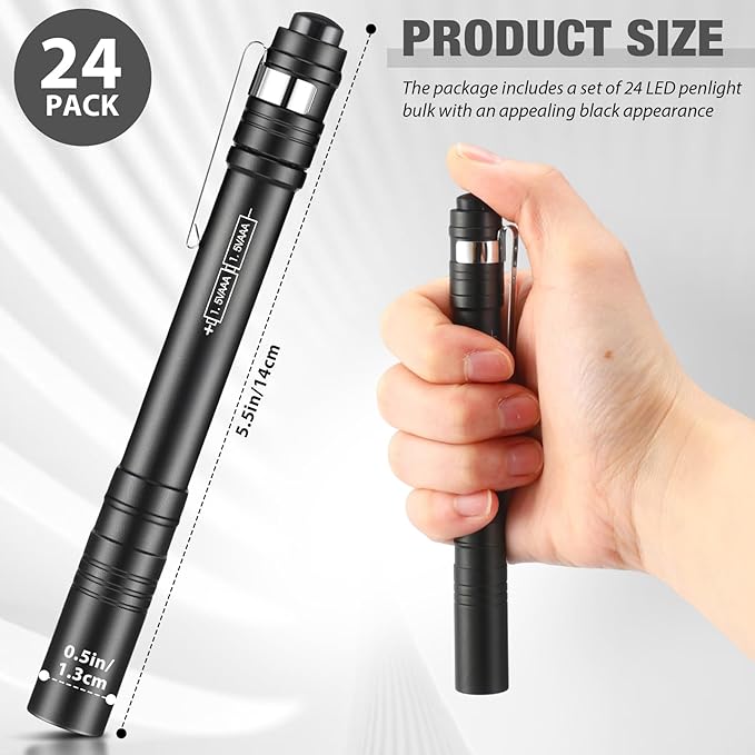 24 Pack Mini Pen Flashlights Bulk LED Pen Lights Aluminum Pocket Flashlights with Clips Small Handheld Torches Gifts for Camping Hiking Emergency Outdoor (Black)
