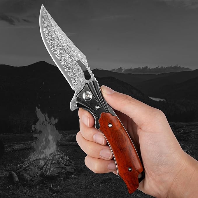 Damascus Pocket Knife for Men Women, Wood Handle Folding Knife with Sheath, 3.15" Damascus Steel Blade Pocket Knives for Outdoor