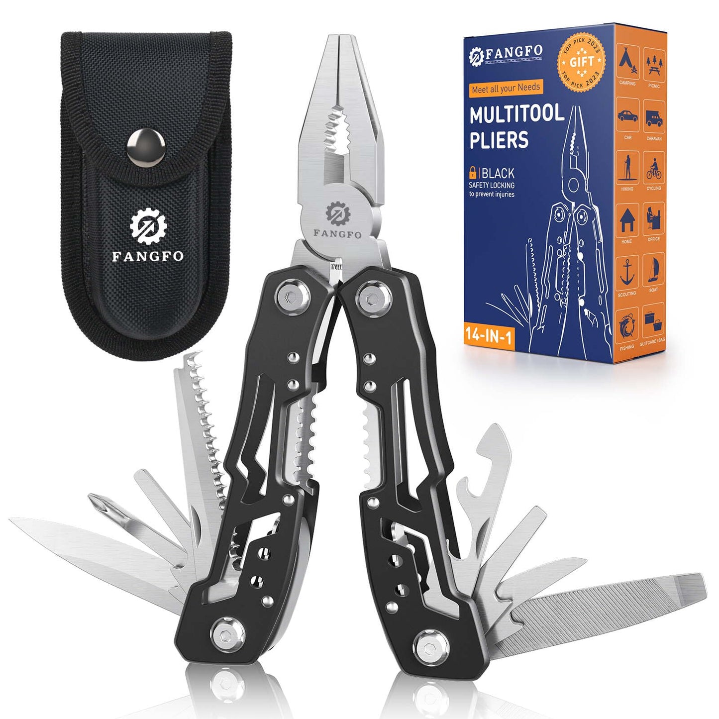 14-In-1 Multitool with Safety Locking, Professional Stainless Steel Multitool Pliers Pocket Knife