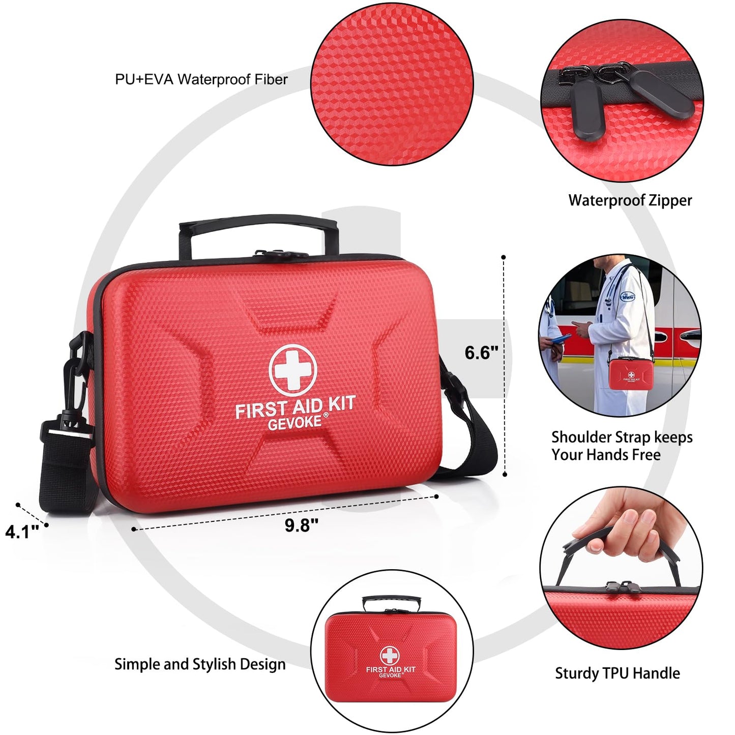 Gevoke 410 Piece Waterproof Hard Shell First Aid Kit, Red