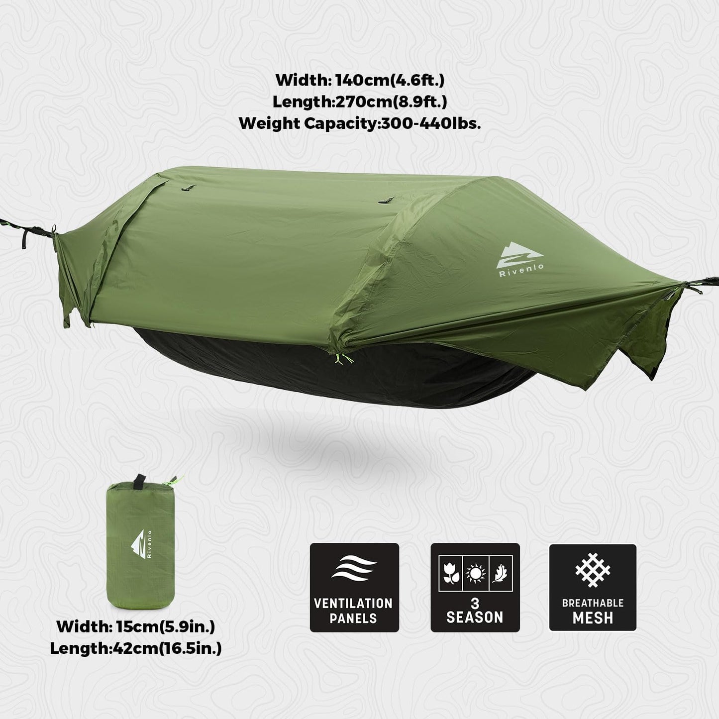 Rivenlo Camping Hammock Tent with Mosquito Net & RainFly, 3 in 1 Waterproof Portable Sleeping