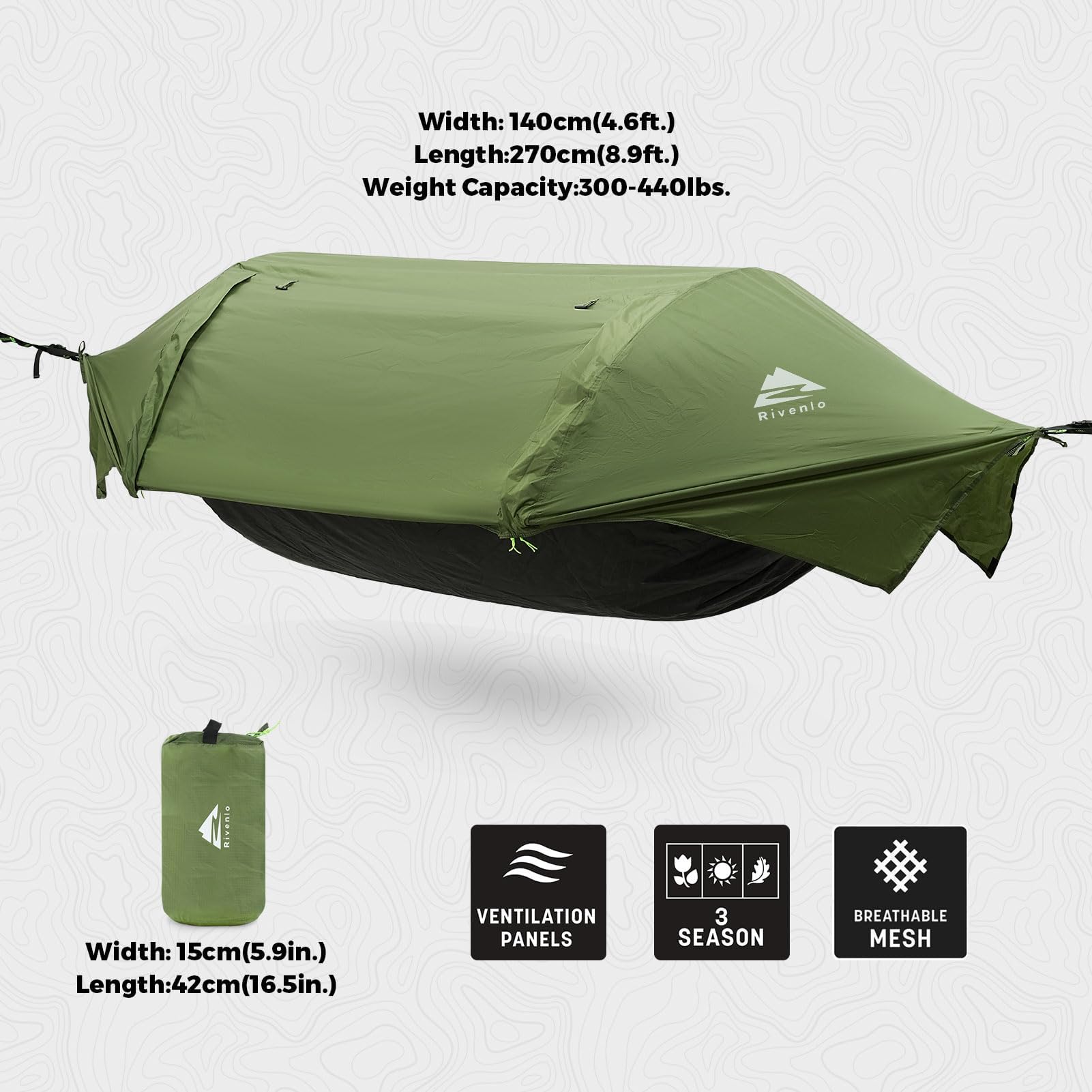 Rivenlo Camping Hammock Tent with Mosquito Net & RainFly, 3 in 1 Waterproof Portable Sleeping