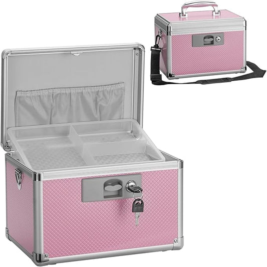Medicine Lock Box for Safe Medication - 13.4 x 7.6 x 8.2 Inches - Lockable Storage Box for Drugs, First Aid Kit Empty, Lock Boxes with Key for Home/Outdoor (Pink/Large)