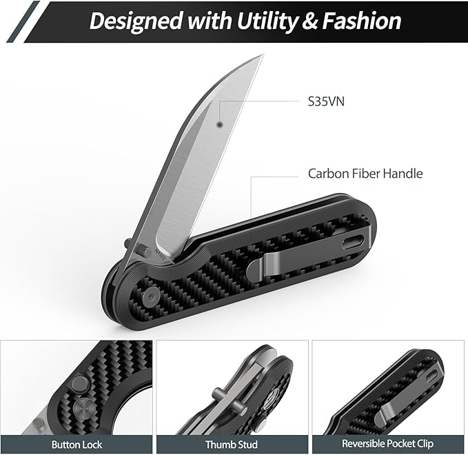FINTISO Pocket Knife, 3" S35VN Blade EDC Knife with Carbon Fiber Handle, Folding Knife with Pocket Clip for Outdoor Camping, Hunting, Hiking, Survival, Parrot Series