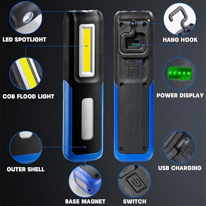 Work Light, 1000 Lumens Bright LED Work Lights, Rechargeable Work Light for Mechanics Portable& Cordless, with Rotate Magnetic Base&Hooks, Mechanic Light for Car Repair/Inspection/Workshop