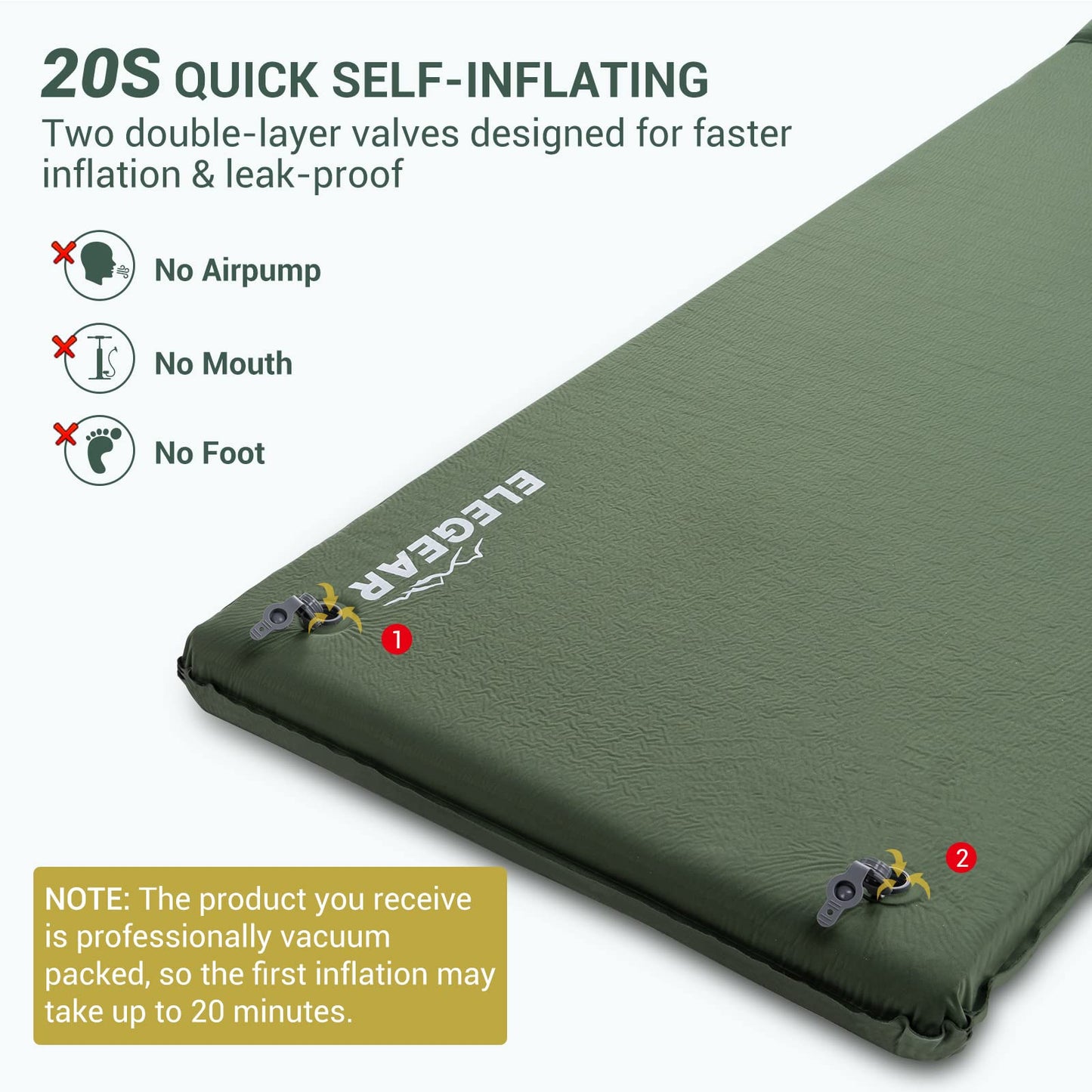 Elegear Self Inflating Sleeping Pad with Pillow 26D Memory Foam 3.15"