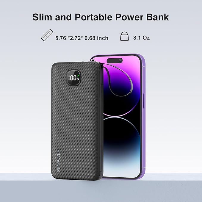 Portable Charger with Built-in Cables&AC Wall Plug,Slim 10000mAh 22.5W Fast Charging Power Bank,5 Output 2 Input USB-C External Battery Pack Compatible with iPhones,Samsung,Android, etc
