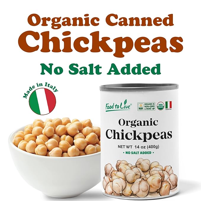Food to Live Organic Canned Chickpeas, 14 oz (Pack of 8) - Unsalted Non-GMO Garbanzo Beans. Vegan. USDA Certified Organic. Good Source of Fiber and Protein. Wholesale. Made in Italy