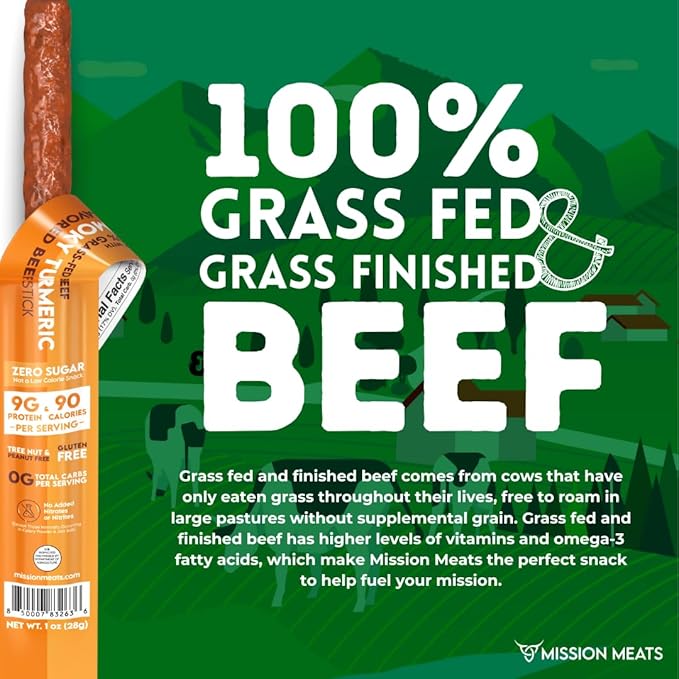 Mission Meats Beef Sticks – 100% Grass Fed & Pasture Raised, Sugar Free, Individually Wrapped Healthy Snacks, Whole 30 & Paleo Friendly, Smoky Turmeric 1oz (Pack of 12)