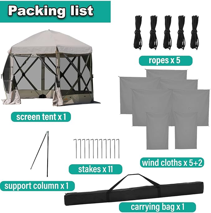 Pop Up Screen Tent, 10'x10' Windproof & UV Protection Sun Shelter, Portable Instant Setup, 6-Sided Screen Tent for Picnic, Camping, Backyard, Outdoor (Grey)