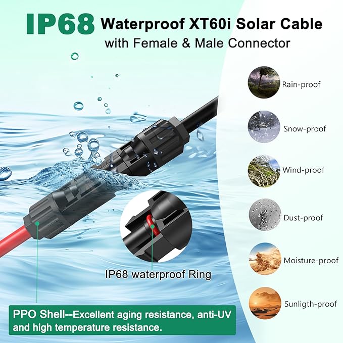 Oududianzi 12AWG XT60i Solar Cable 30FT, Solar to XT60i Cable 3 10 15 20 25 40 50FT, Solar Panel Connector to XT60i Adapter Cable, XT60i Solar Charging Cable for Portable Power Station - 30Ft