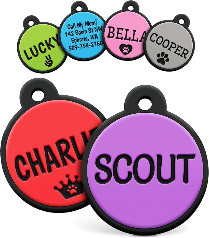 GoTags Silicone Dog Tags, Soundless Pet Tag, Personalized Silent Tag Engraved for Pets with Cute Custom Designs, for Dogs and Cats, (Round, Purple)