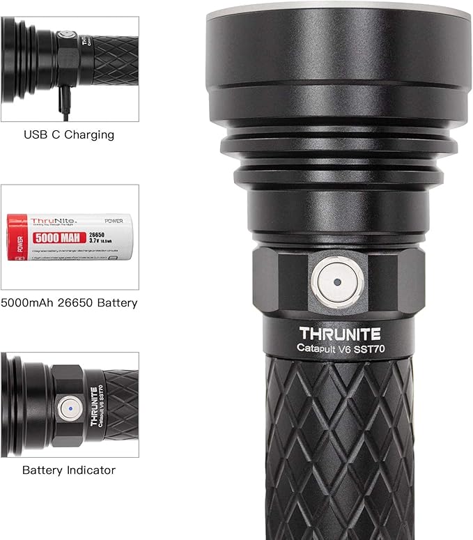 ThruNite Catapult V6 SST70 USB-C Rechargeable Flashlight, 2836 Lumens, 692m Long Beam Distance, High-Performance LED Searchlight for Tactical, Camping, and Hiking, Black, Cool White - CW