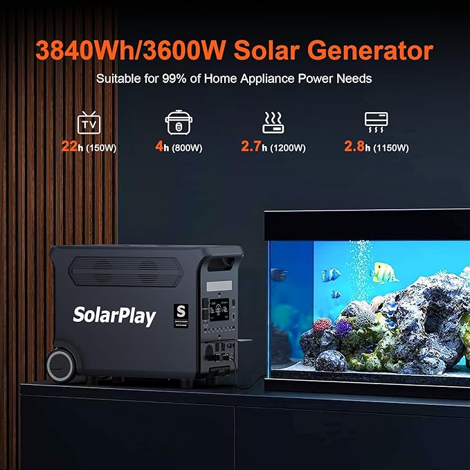 SolarPlay Portable Power Station with 2 * 400W Solar Panel,3600W LiFePO4 Battery,3840Wh Electric Solar Generator for Home Backup,Outdoor Camping,Camping, RV,Emergencies