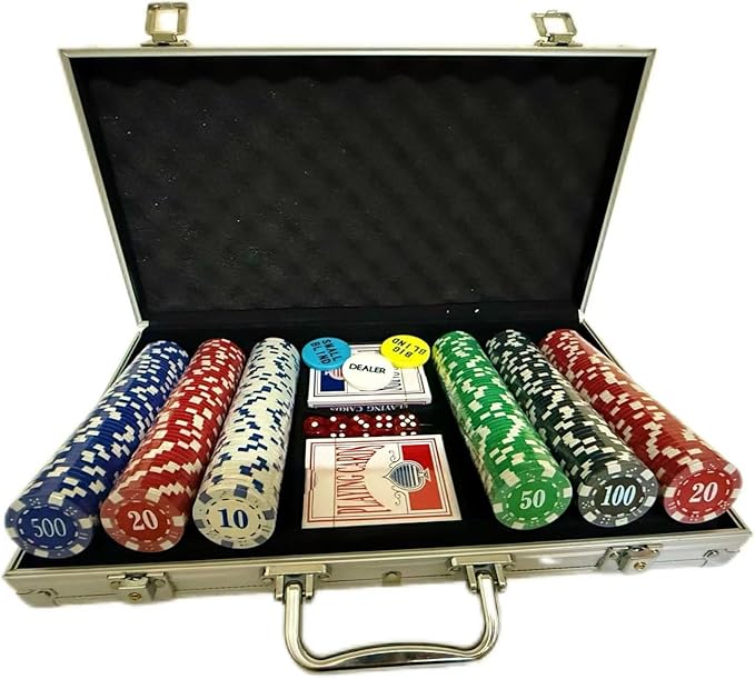 Texas Hold'em Chips Without face Value, 300 11.5g Weighted Digital Casino chip Set, 5 dice, 2 Decks of Cards, with Compact Aluminum case, for Texas Hold'em, Blackjack, Ages 8 and up
