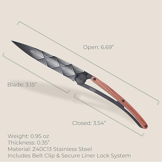 deejo - 0.9 OZ, Black Titanium, Coral Wood, Art Déco - Ultra-Light Folding Pocket Knife with a Belt Clip - Z40C13 Stainless Steel