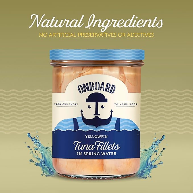 ONBOARD Yellowfin Tuna Fillets, Mediterranean Seafood Diet | Pescatarian Jarred Atun, Fresh Sea Tuna Salad | High in Protein - Healthy Ready-to-Eat Snacks, Packed in Glass Jar | (6 Packs, Spring Water)