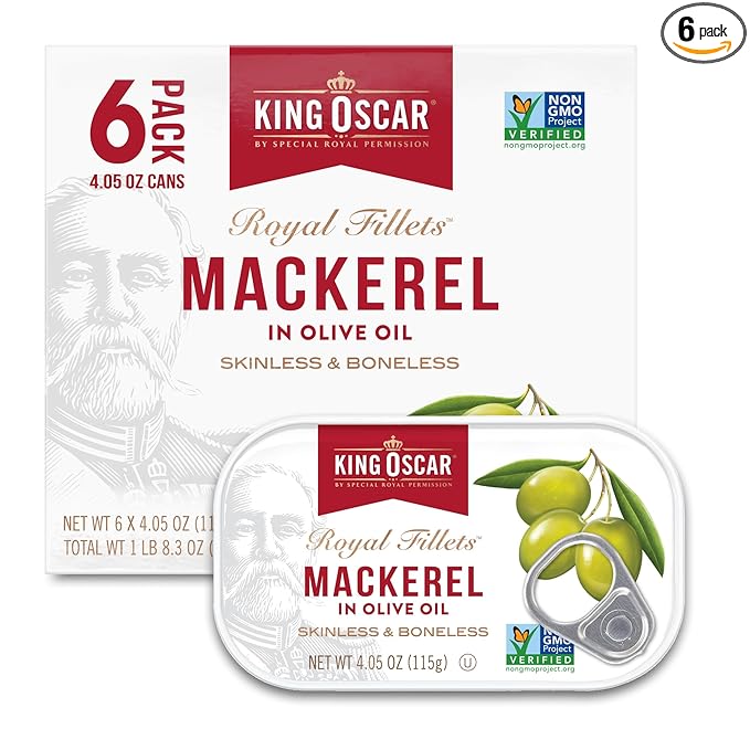 King Oscar Mackerel in Olive Oil, 4.05 Ounce Can (Pack of 6, Packaging May Vary), Skinless & Boneless, Wild Caught Canned Mackerel