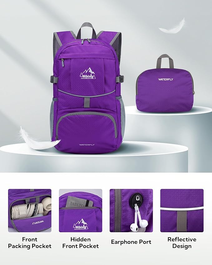 WATERFLY Hiking Foldable Daypack Backpack: 25L Ultra Lightweight Waterproof Day Pack for Woman Man - Small Compact Packable Folding Back Pack for Outdoor Sport Cycling Biking Travel Trip - Purple
