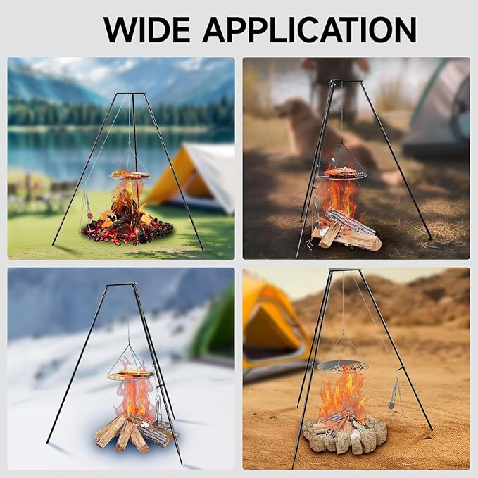 Campfire Tripod for Cooking, Campfire Cooking Equipment, Round Grill Grate with Adjustable Height for BBQ Picnic Outdoor Cookware Party & Collapsible Legs for Easy Storage