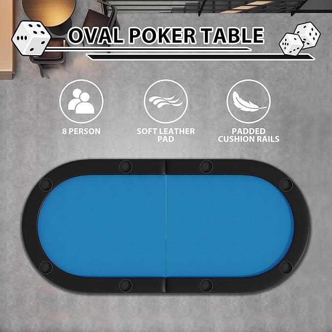 8 Player Foldable Poker Table, 71" Portable Folding Poker Game Tables with Collapsible Legs, Cup Holders, Casino Grade Felt Surface, Oval Card Game Poker Table for Game Room, Blue