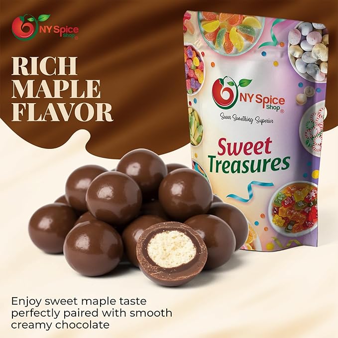 NY Spice Shop Maple Chocolate Malt Balls Party Decorations - 1 Pound Malted Milk Ball Candy Birthday Gifts - Chocolate Malted Milk Ball - Dark Chocolate Malt Balls Holiday Snacks