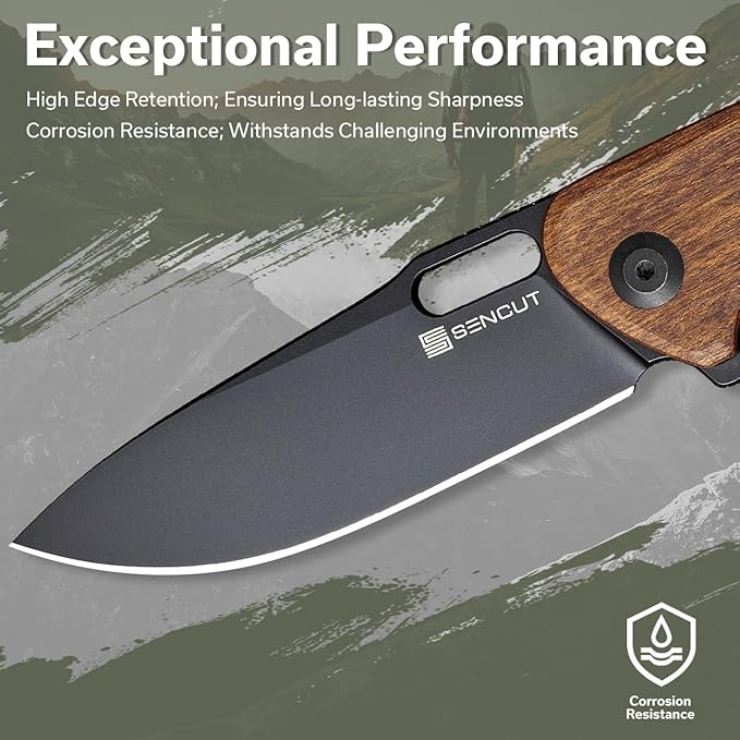 SENCUT Pocket Knife for Men, Vesperon Folding Knives for EDC, 3.35" Blade Wood Handle, Liner Lock, Liner Lock knives for Outdoor Indoor S20065-4 (Wood)