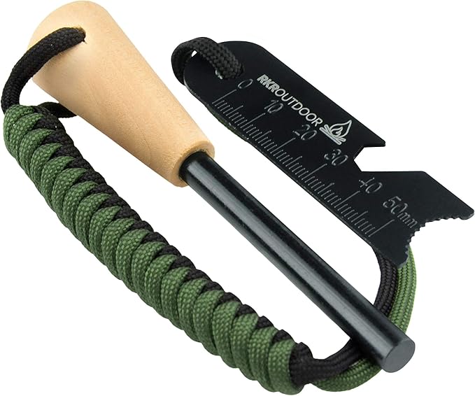 Ferro Rod Flint Fire Starter Kit with Handcrafted Wood Handle |5/16"- 3/8" Thick 12000-15000 Strikes |Survival Flint and Steel Rods with Multi-Tool Striker and Paracord Lanyard for Camping