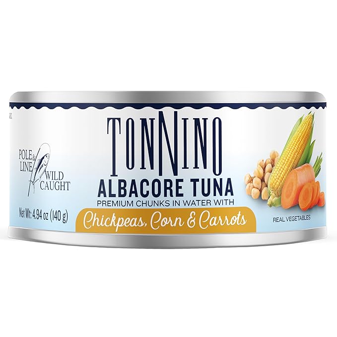 Tonnino Tuna Fish Albacore - Premium chunk in water with Chickpeas, Corn & Carrots - Pack of 12 ??Alternative to Salmon ??Protein Snacks ??Ready to Eat Meals in Can
