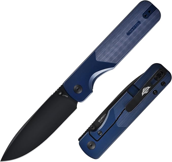 OKNIFE Duron Folding Pocket Knife, 3.5" PVD Coated Nitro-V Steel Blade, Frame Lock Lightweight O-Aluminum Ambidextrous Handle with Clip, Ideal EDC Tool for Outdoor, Camping & Survival (Navy Blue)