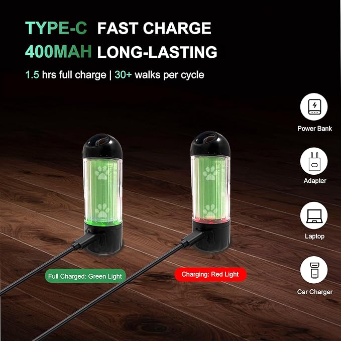 3-in-1 Dog Poop Bag Holder with Flashlight 7-Color, USB-C Rechargeable doggie bag holder for leash, IPX6 Waterproof Anti-Slip Clip Pet Waste Bag Dispenser for Walking (30 Bags Included)