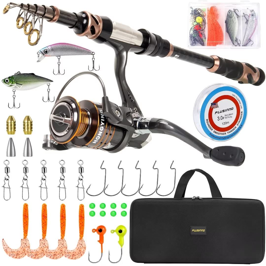 PLUSINNO Fishing Rod and Reel Combos -24 Ton Carbon Fiber Telescopic Fishing Pole - Spinning Reel