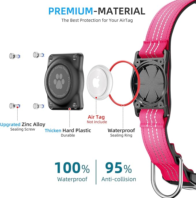 Upgraded AirTag Dog Collar, IP68 Waterproof Air Tag Dog Collar Holder, Reflective, Ultra-Durable, Comfortable Padded, Heavy Duty Dog Collars for Small Medium Large Dogs (S (10.6"-13.6"), Hotpink)