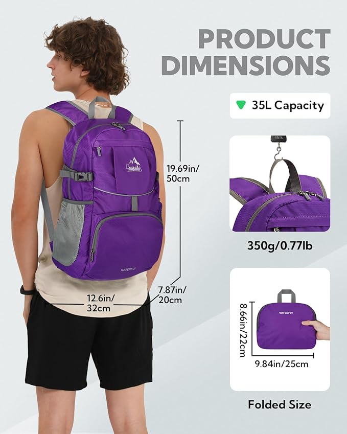 WATERFLY Hiking Foldable Daypack Backpack: 25/35L Ultra Lightweight Packable Waterproof Outdoor Travel Day Pack for Women Men